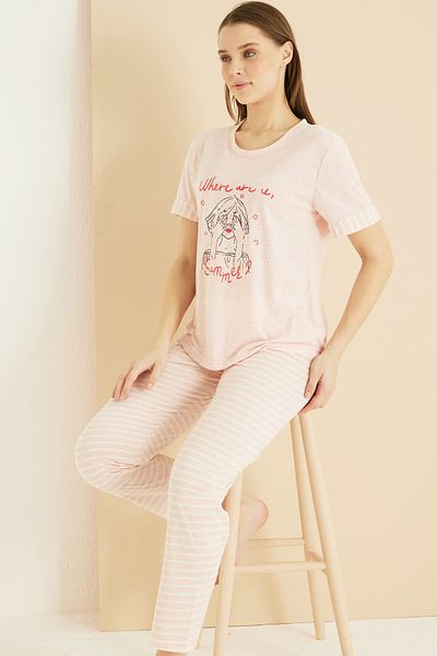 Siyah İnci ροζ και λευκή γραμμή μοτίβο Cotton Crew Neck Πλεκτό Σετ Πιτζάμες 25103225