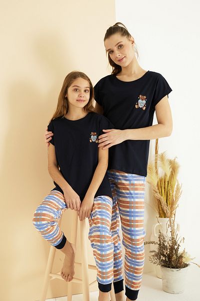 Siyah İnci Navy Blue Patterned Cotton Crew Neck Knitted Pajama Set 25107135