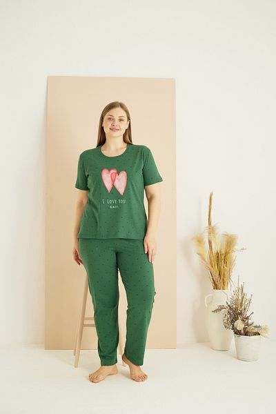 Siyah İnci Πράσινο μοτίβο Curve Plus Size Oversize Βαμβακερό Σετ Πιτζάμες 25103744