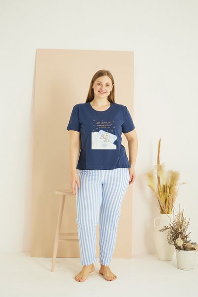 Siyah İnci Navy Blue Patterned Curve Plus Size Oversize Cotton Pajama Set 25103739