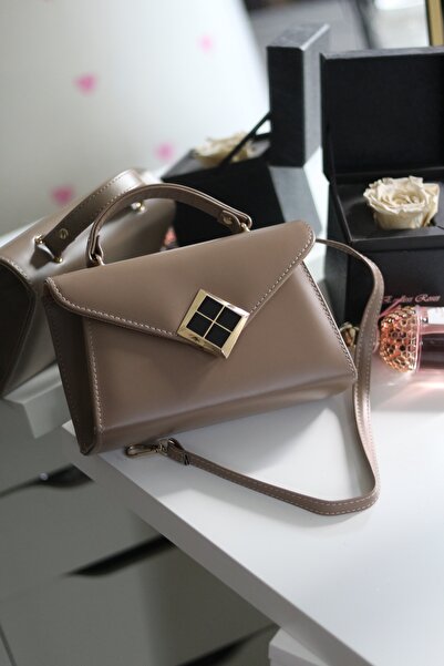 Moom Bag Women's Mink Matte Texture Square Handbag with Gold Accessory Detail