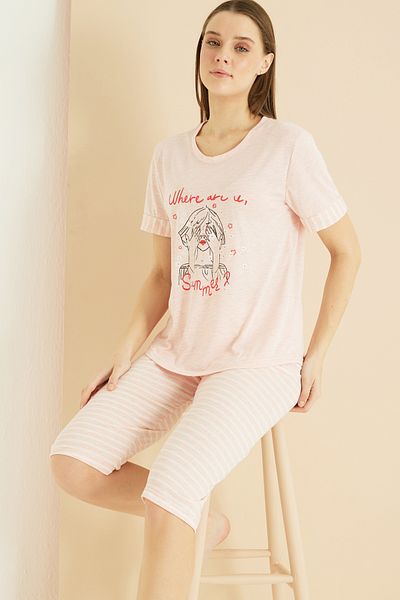 Siyah İnci ροζ στάμπα Cotton Crew Neck Πλεκτό Κάπρι Σετ 25102182