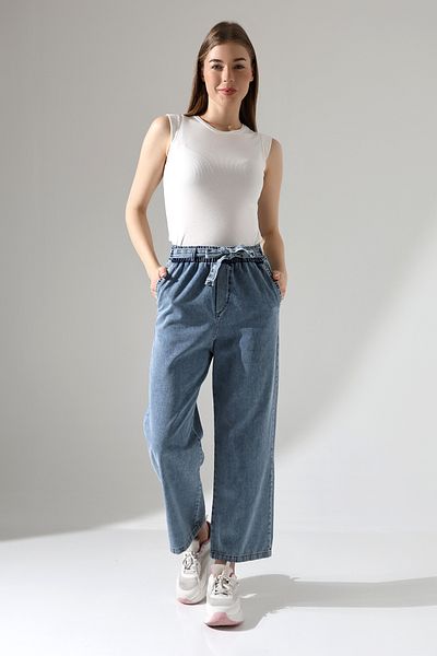 ensade Wide Leg Trousers with Elastic Waist and Self-Belt
