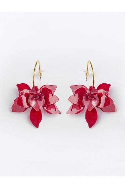 Jimmy Key Burgundy Leaf Detailed Flower Patterned Earrings