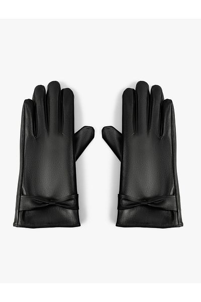 Koton Leather Look Gloves with Bow Detail
