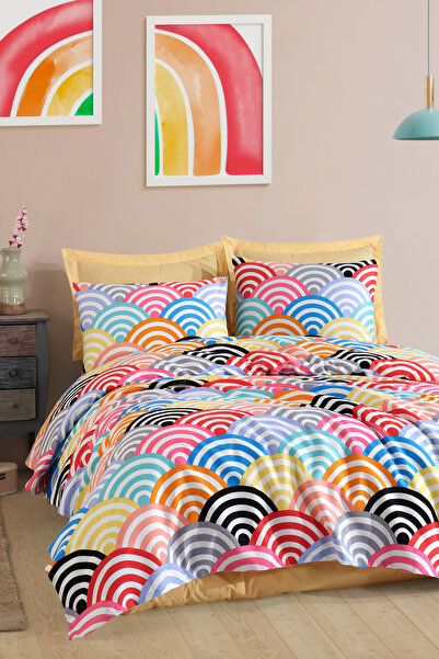 Enlora Home Desenli Pike Takımı Çift Kişilik Gökkuşağı Mixrenk (Pike+Çarşaf+Y...