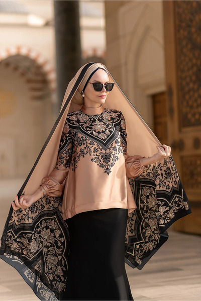 Muslima Wear Bej Siyah Yaprak Desenli Jasmine Bluz