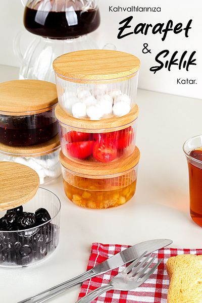 Meleni Home Set of 6 Wooden Lid Storage Containers - Round Presentation Bowl Snack Bowl Jam Bowl Breakfast Set 200 ml