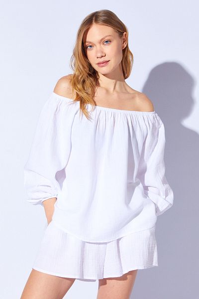 Manche Collar, Shoulder and Sleeve Elastic Long Sleeve Muslin Blouse on a White Boat