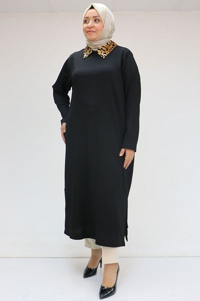 Eslina 58012 Large Size Combination Men's Collared Wrap Tunic - Black