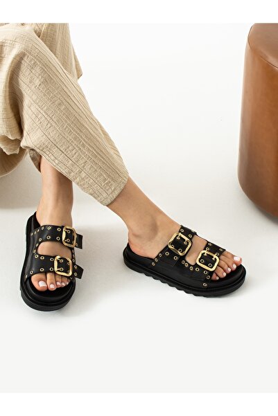 ALEMDAR AYAKKABI Papuci de damă FABLE negri cu cataramă dublă