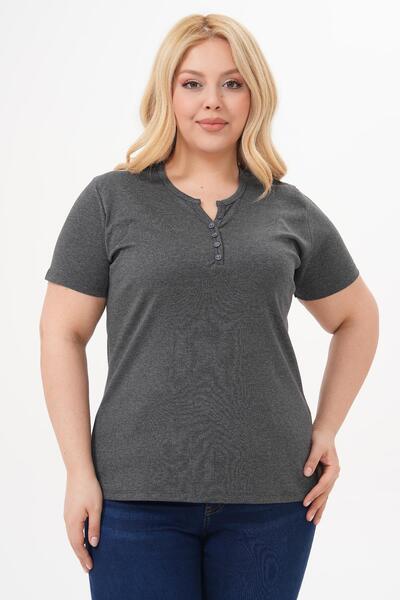 Siyezen Plus Size Button Detailed Cotton Lycra Short Sleeve Basic Blouse