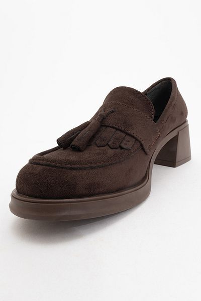 LuviShoes Marlo Brown Suede Tasseled Women's Thick Heeled Loafer Shoes
