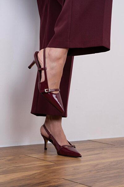 sovrana Claret Red Patent Leather Low Heel Shoes - Belt Detailed