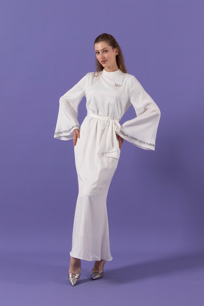 Stilife Satin Evening Dress with Stone Detail Sleeves White