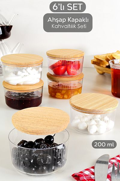 Meleni Home Set of 6 Wooden Lid Storage Containers - Round Presentation Bowl Snack Bowl Jam Bowl Breakfast Set 200 ml