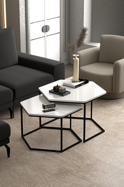 GOLDFALEZ Orta Sehpa Altıgen İkili Lüx Beyaz