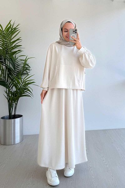 Ka Hijab Σετ Kangaroo Pocket Oysh Υφασμάτινο Διπλό Σετ με Φούστα - Εκρού