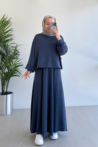 Ka Hijab Kangaroo Pocket Oysh Fabric Skirted Double Suit - Navy Blue