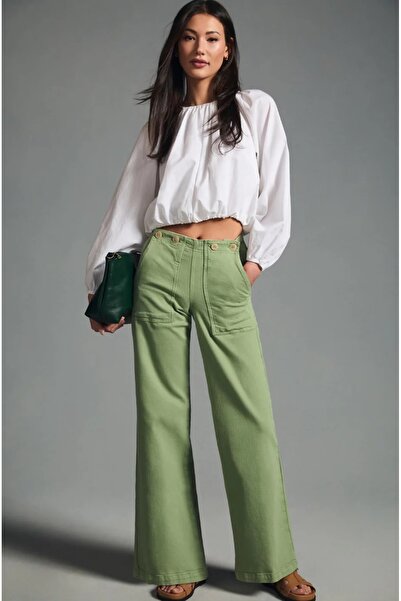 september island Yeşil Renk Yüksek Bel Arka Kemer Detaylı Geniş Paçalı Pantolon