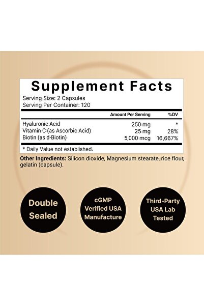 Naturebell Hyaluronic Acid 250mg, Biotin 5000mcg, Vitamin C 25mg - 240 Capsules for Skin, Hair, Joints & Eyes