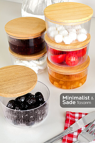 Meleni Home Set of 6 Wooden Lid Storage Containers - Round Presentation Bowl Snack Bowl Jam Bowl Breakfast Set 200 ml