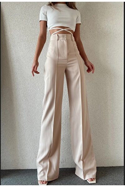 LİMABEL Tess Gold Beige Striped Women's Casual 90's Super High Loose Leg Pala...