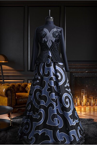 Muslima Wear Silkway Black Royal Blue Oval Patterned Skirt