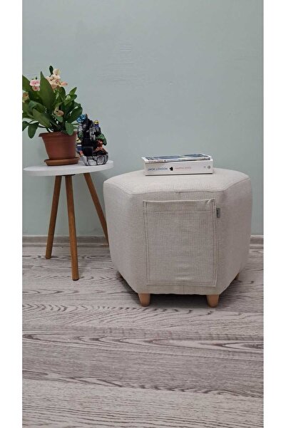 Papuli Ahşap Ayaklı Krem Rengi Keten Cepli Altıgen Puf&bench Koltuk/tabure