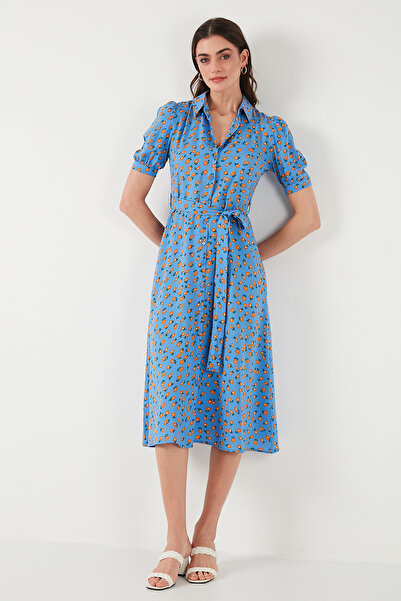 Lela Desenli Regular Fit Yırtmaçlı Midi Boy Kemerli Gömlek Elbise ELBİSE 6782106