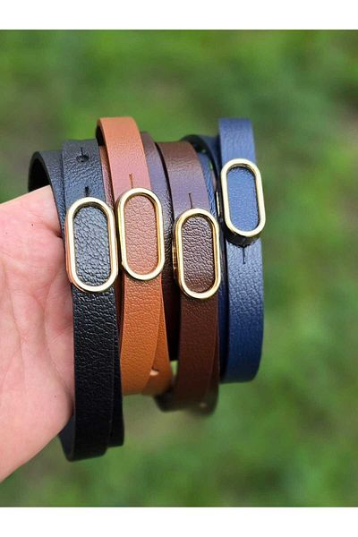 Kemerix 100% Genuine Leather Gold Buckle Thin Black-Tan-Navy Blue-Hot Brown 4-Piece Belt Set