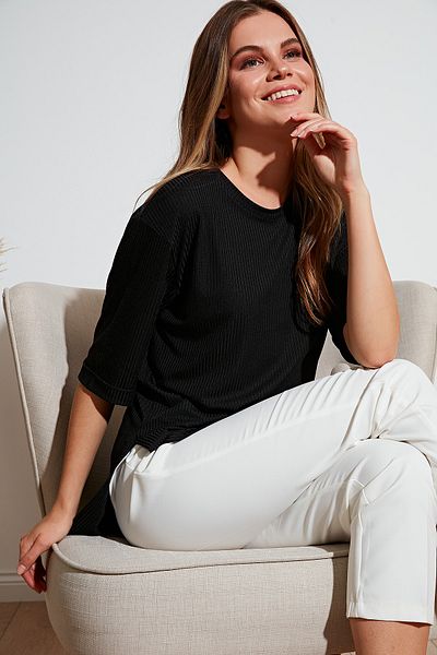 Lela Oversize Crew Neck Split Detail Blouse Bluz 5869000