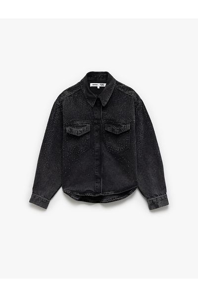 Koton Jachetă de denim cu buzunare din bumbac, cu detaliu în piatră, cu guler clasic, cu nasturi