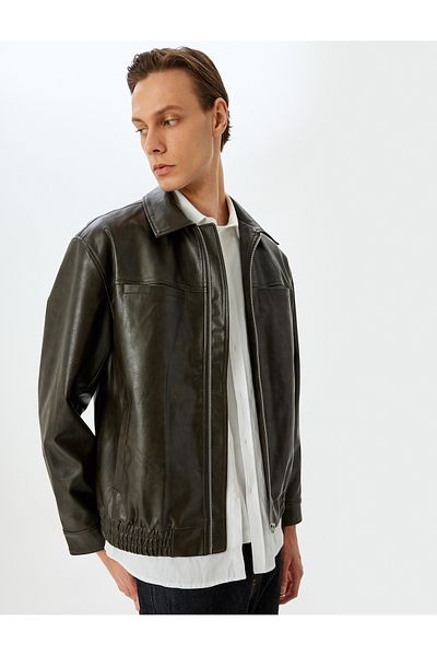 Koton Viscose Blended Zippered Faux Leather Jacket with Pocket Detail