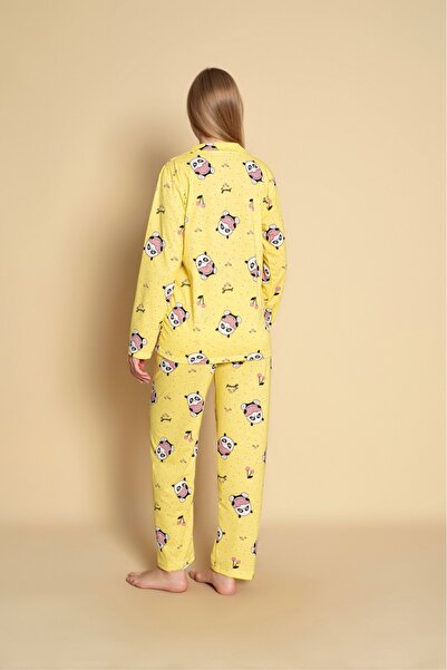 Sude HOMEWEAR Kadın Sarı Desenli Düğmeli Uzun Kol Pijama Takımı