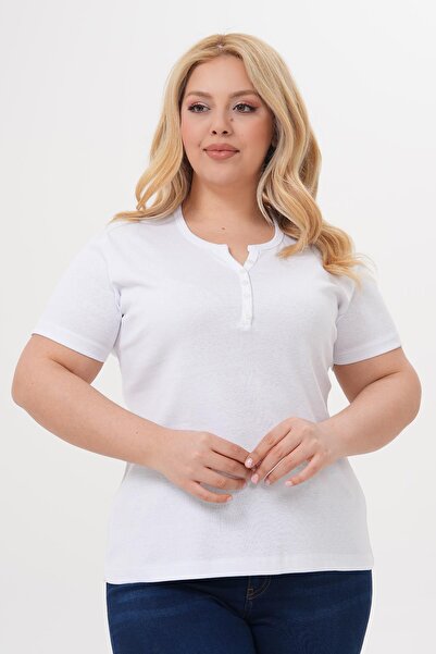 Siyezen Plus Size Button Detailed Cotton Lycra Short Sleeve Basic Blouse