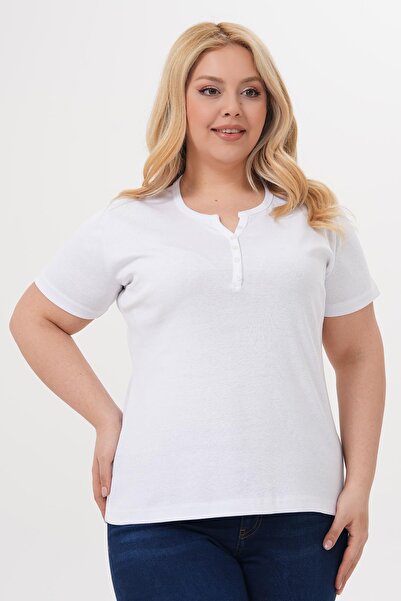 Siyezen Plus Size Button Detailed Cotton Lycra Short Sleeve Basic Blouse
