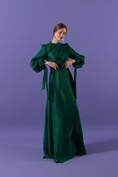 Stilife Göğüs Drapeli Abiye Zümrüt