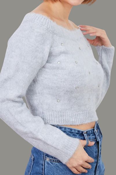 mefru Stone Detailed Crop Knitwear Sweater