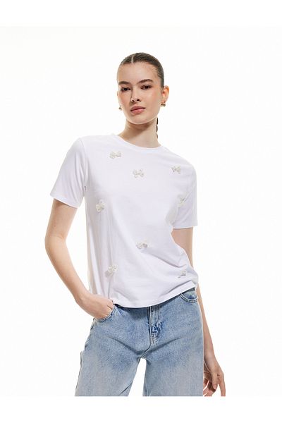 Koton Tricou cu mânecă scurtă, cu decolteu, cu fundă cu mărgele din bumbac