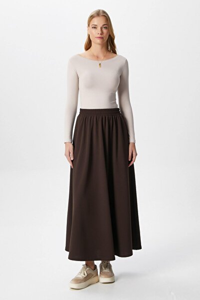 Ritnice Kadın Luna Bel Lastikli Cepli Kahverengi Uzun Maxi Boy Etek