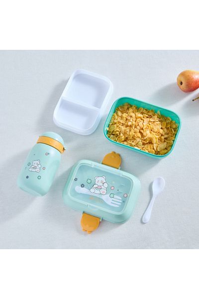 Home Box Neo Teddy Lunch Box and Sip Bottle Set with Spoon and Fork 500 ml