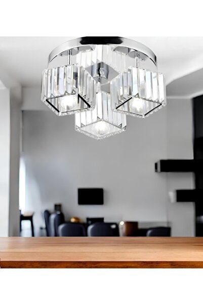 burenze Modern Tasarım Kristal Taşlı Tavana Sıfır Kare Üçlü Avize Salon Oturma Odası Mutfak Avizesi Krom