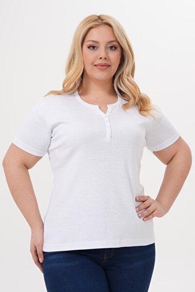 Siyezen Plus Size Button Detailed Cotton Lycra Short Sleeve Basic Blouse