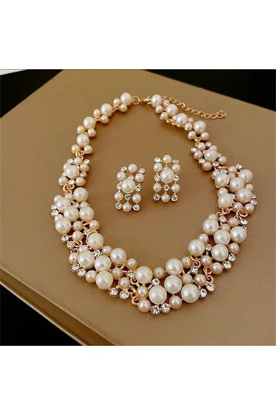 Choice Ams70210 3 Pcs Rhinestone Imitation Pearl Earrings Necklace Set Two-piece Vintage Choker Accessory L