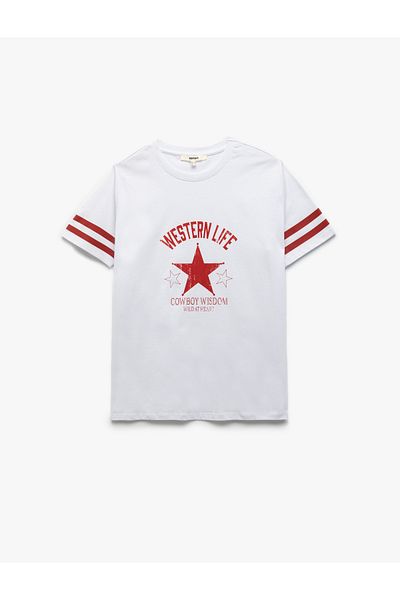 Koton Tricou de damă, din bumbac, cu mânecă scurtă, cu decolteu, cu tematică occidentală