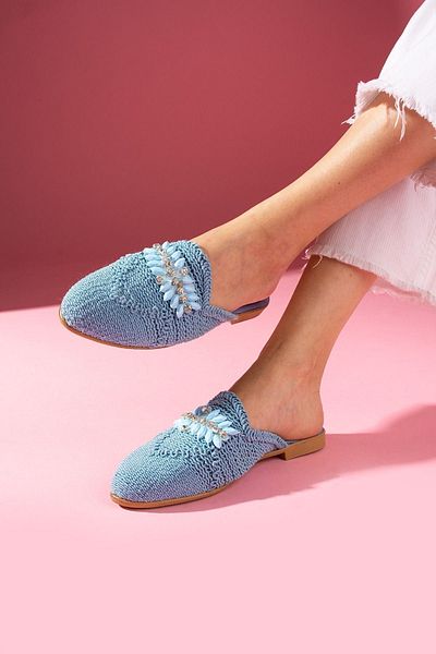 FUGA MODA Papuci de paie Yamal cu pietre de culoare albastru baby