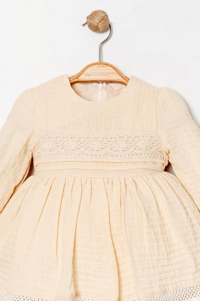 Bebüş Lined Cotton Fabric Lace Stripe Detailed Long Sleeve Beige Baby Girl Dress 15323