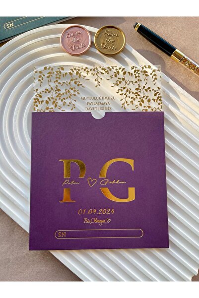 emindijital Mor Zarflı Şeffaf Nikah, Nişan, Kına, Düğün Davetiyesi - 50 Adet