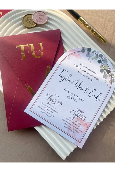 emindijital Düğün Nişan Nikah Kına Davetiyesi Bordo 50 Adet Yaldızlı